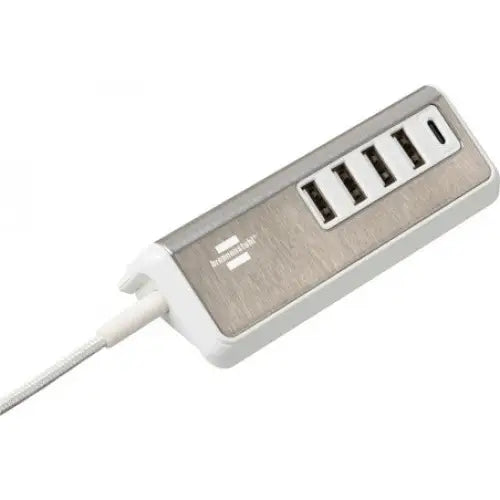 USB-hub i hvit og metallisk finish, skråvisning med fire porter og tilkoblet hvit ledning på venstre side.