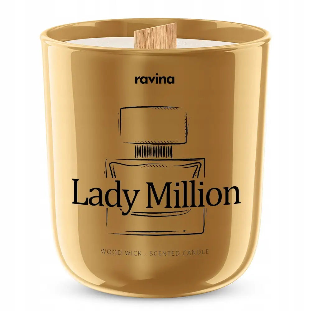 Lady Million soyascentlys, gullfarget glass med svart dekor og synlig treveke sett forfra.
