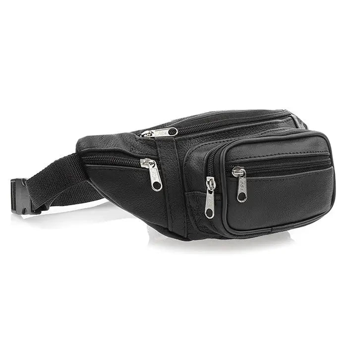 Sort lærveske rumpetaske i skinnimitasjon, sidevisning med glidelåslommer og justerbar nylonreim.