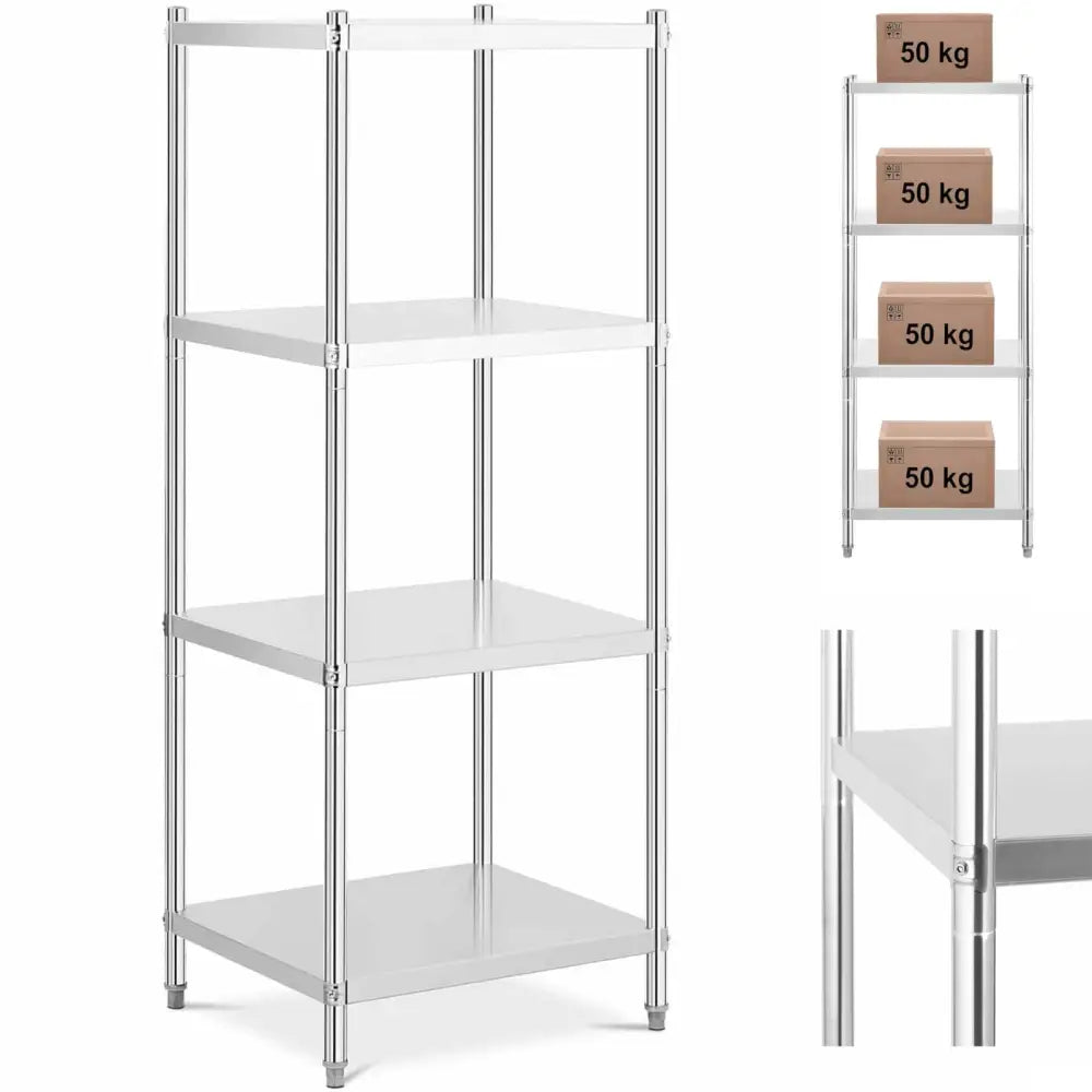 Metall matvogn med fire hyller, sett forfra og fra siden, nærbilde av hjørnedetalj og vektmerking.