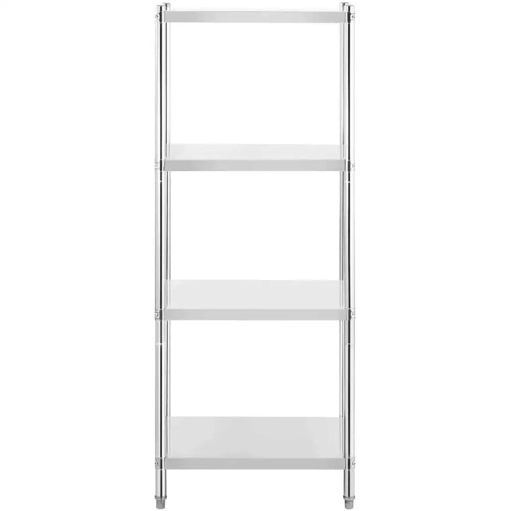 Lager metall mat vogn med fire hvite hyller og sølvfargede stolper, frontvisning mot hvit bakgrunn.