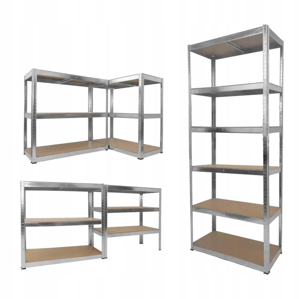 Lagerhylle for garasje og kjeller, sølvfarget metallramme med sponplater, vist som hjørneløsning og reol.