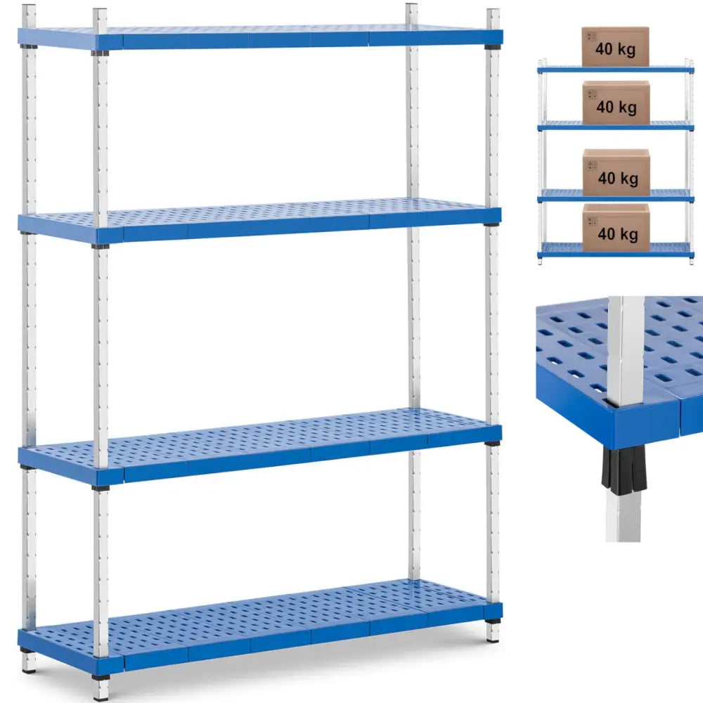 Sammenleggbar lagerhylle med fire blå plastplater og sølvfargede metallstolper, frontvisning med detaljbilder.