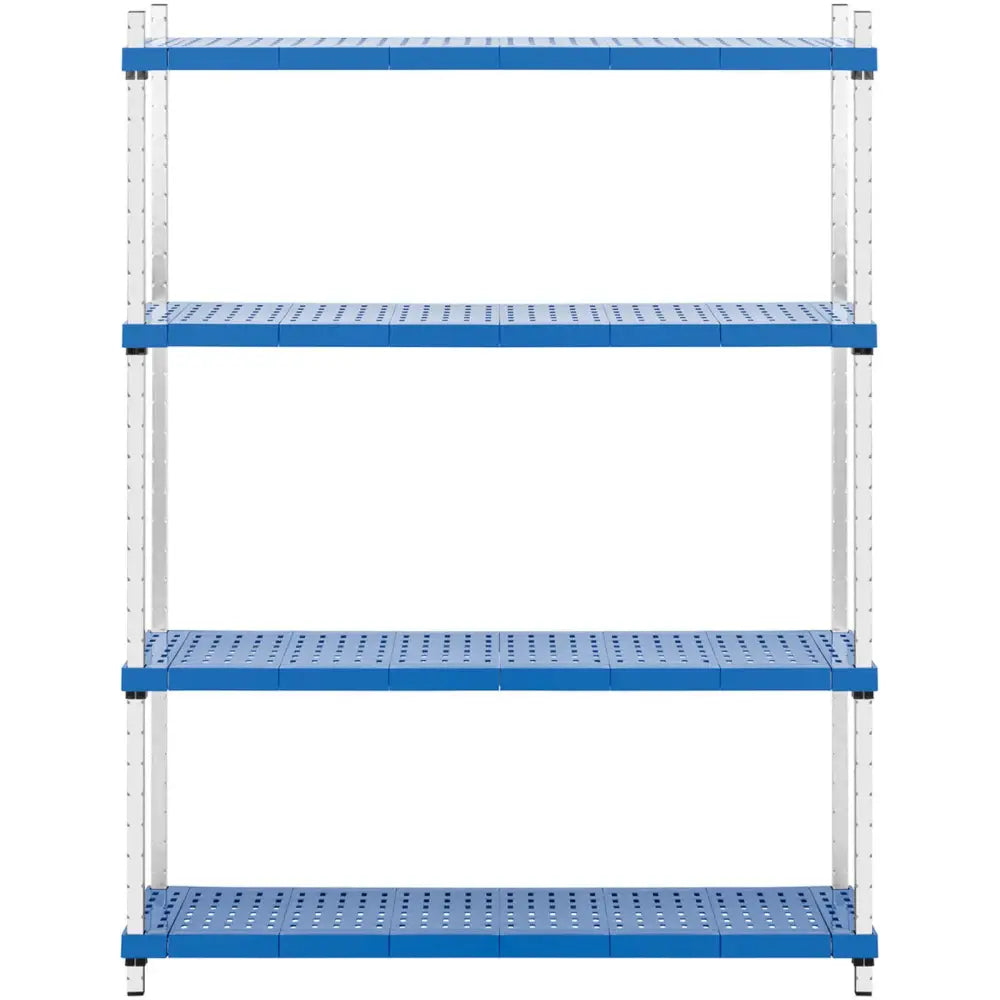 Sammenleggbar lagerhylle med fem blå perforerte hyller og hvite ben, frontvisning som viser ventilasjonshull.