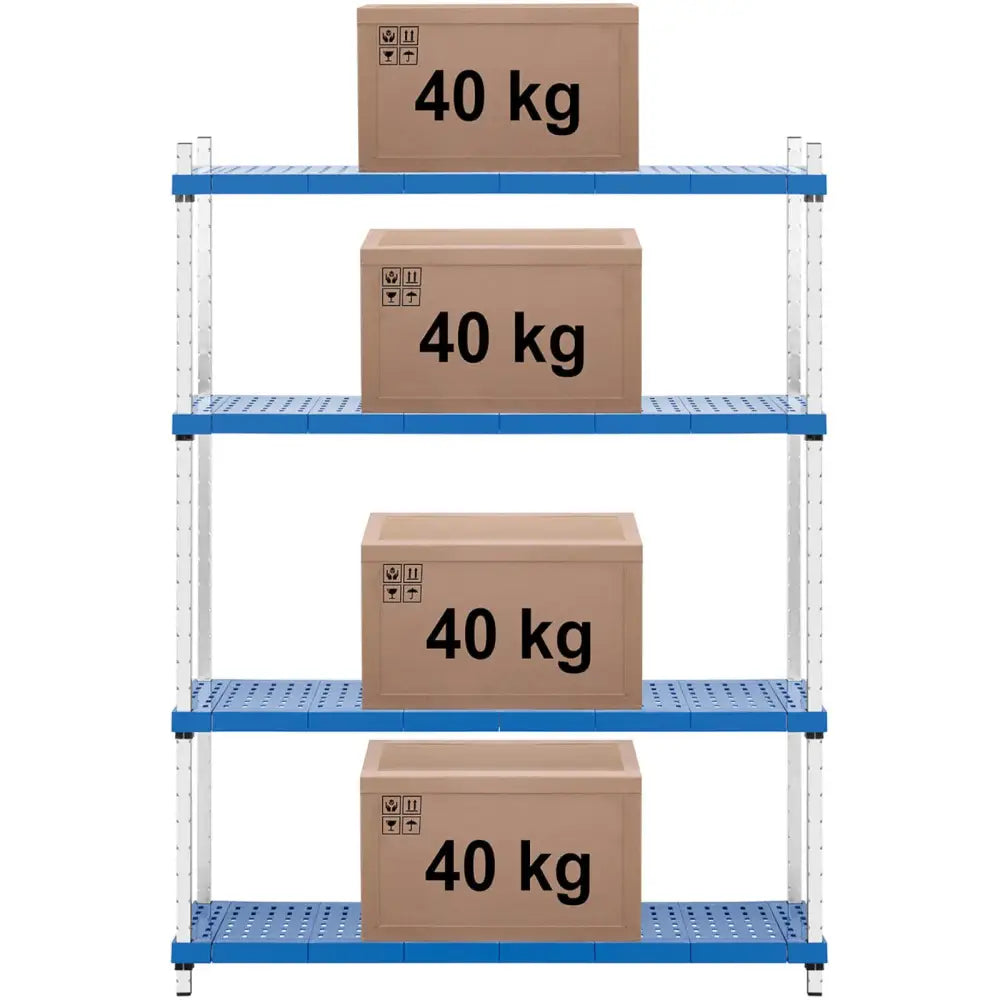 Lagerhylle med fire blå hyller, hver med en brun eske merket 40 kg, frontvisning av bæreevne.