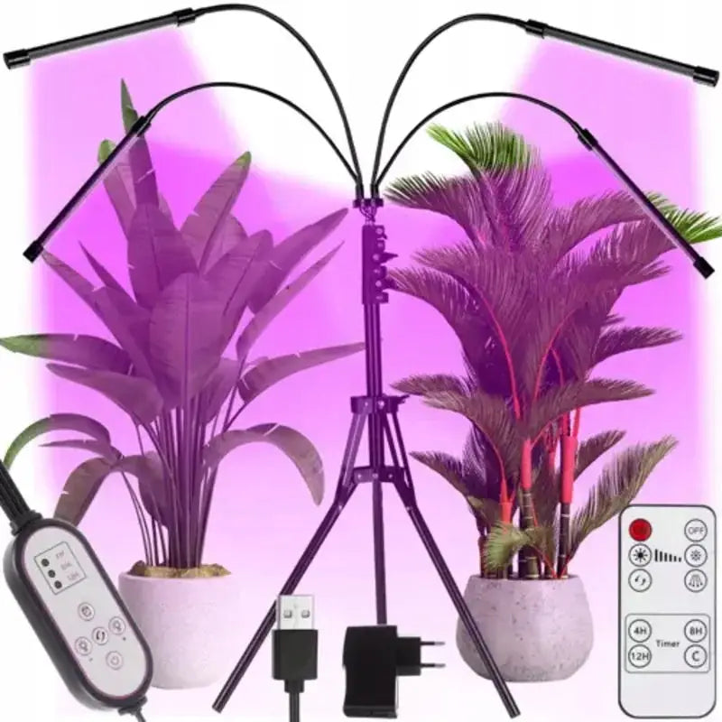 Lampe 20 LED for plantevekst, firearmet stativ med lilla lys mot to potteplanter, fjernkontroll foran.