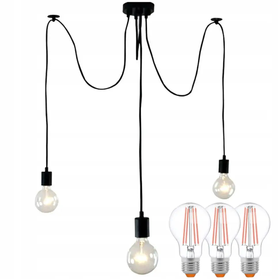 Lampe med tre sorte armer og tilhørende LED-plantepærer, sett forfra med pærene plassert foran lampen.