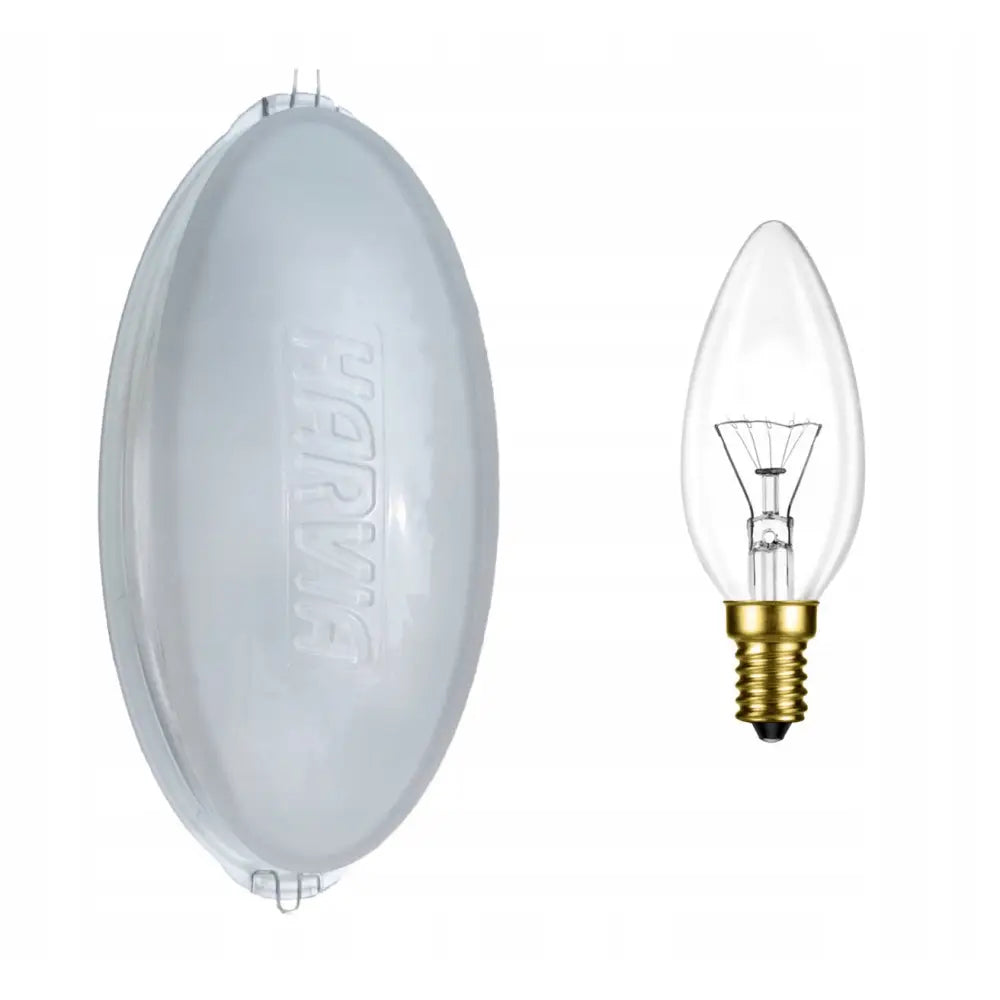 Lampe til sauna fra Harvia med ovalt, frostet plastdeksel og klar pære med gullsokkel, sett forfra.