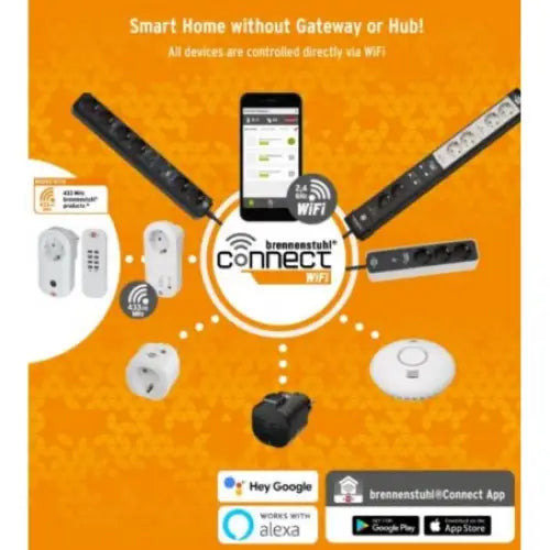 Lampe WiFi WF 2050, smarthjem-enheter og mobil med app vises samlet på oransje bakgrunn med WiFi-symboler.