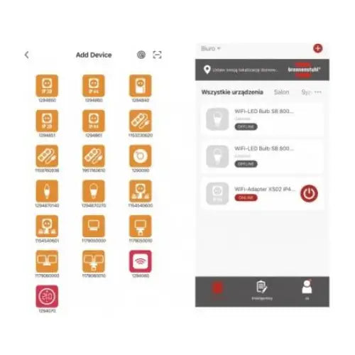 App-grensesnitt for Lampe WiFi WF, viser tilkoblede enheter og WiFi-status på hvit bakgrunn.