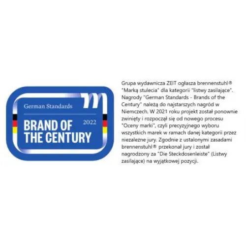 Blått og hvitt "Brand of the Century 2022"-merke med polsk prisbeskrivelse ved siden av lampens emballasje.