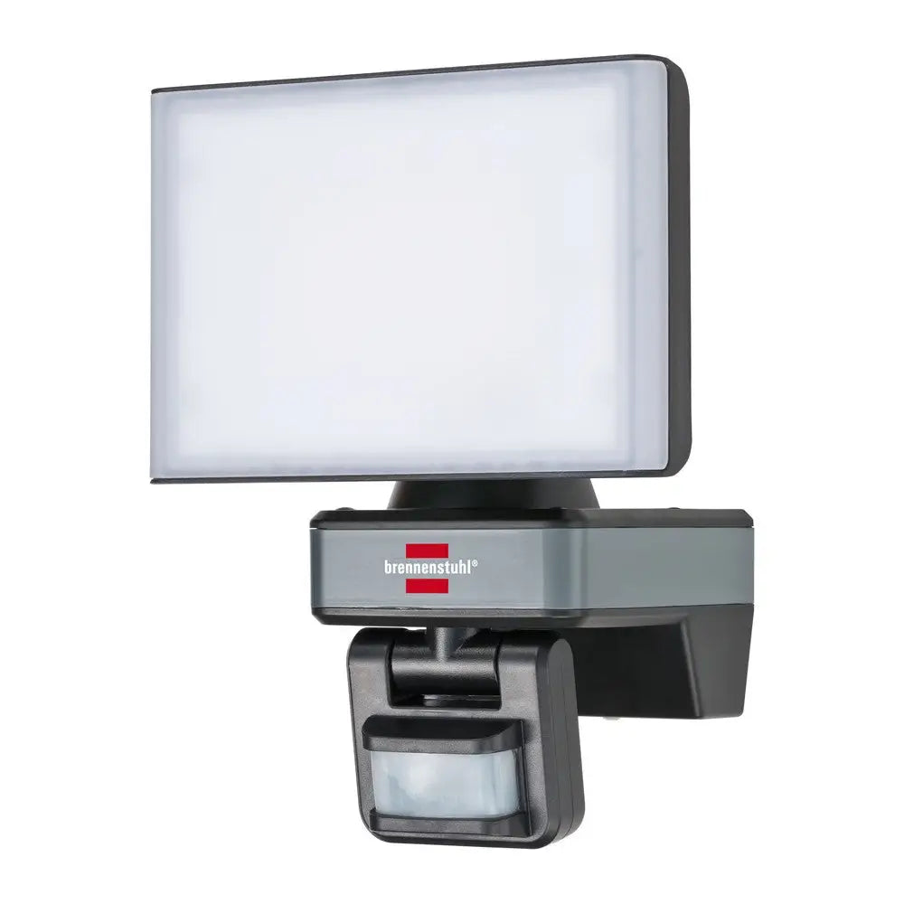 LED-lampe med WiFi og bevegelsessensor, sort og grå design, synlig sensor og logo, skrå forsidevisning.