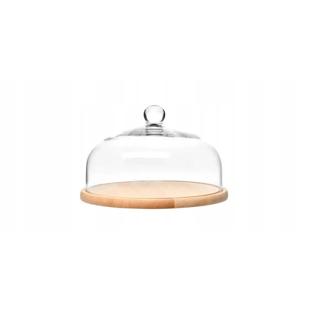 Lampeskjerm med trebrett Glamour, serveringsbrett i trefinish med glasslokk og rund knott, frontvisning.