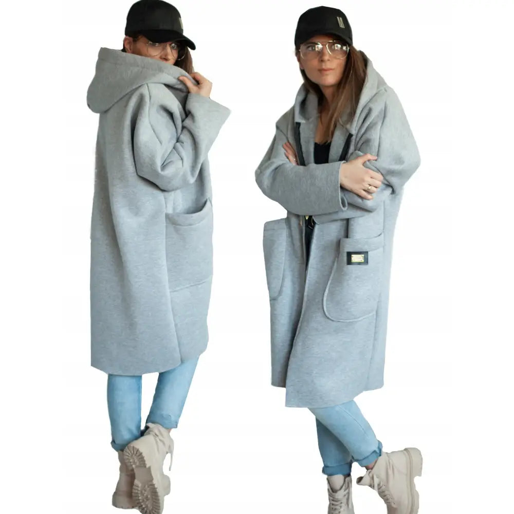 Lang Grå Hettejakke med Glidelås