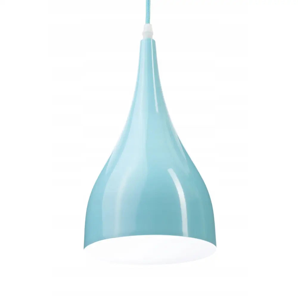 Lang hengende taklampe i blått, dråpeformet og blank, frontvisning med hvit innside og underside.