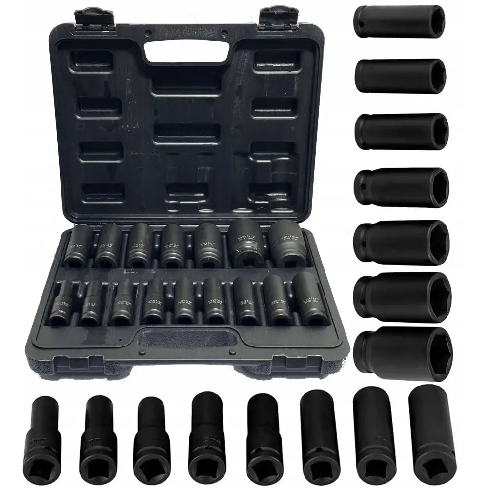 Langt impakt pipesett 1/2", sekskantede svarte metallpiper i åpen plastkoffert med ekstra enkeltpiper rundt.