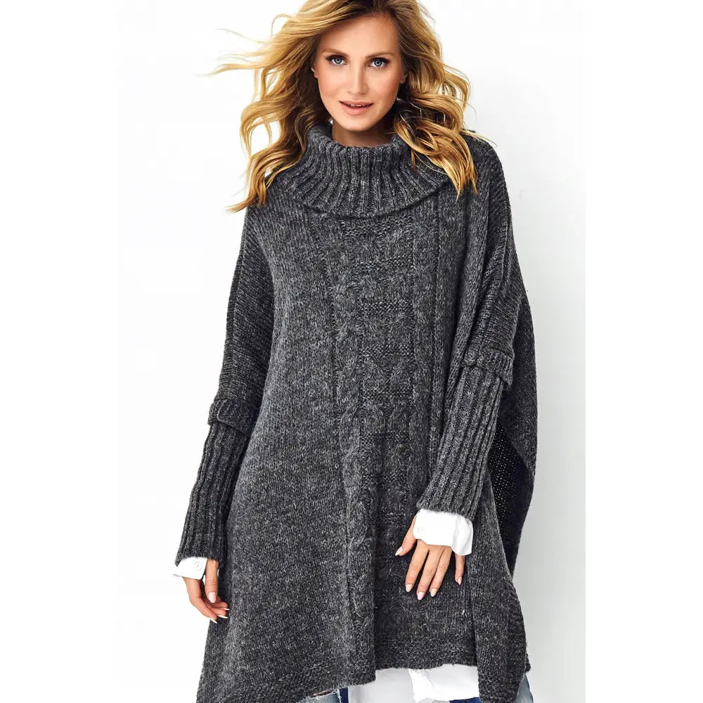 Lang Løstsittende Poncho Genser med Turtleneck Grå Melange