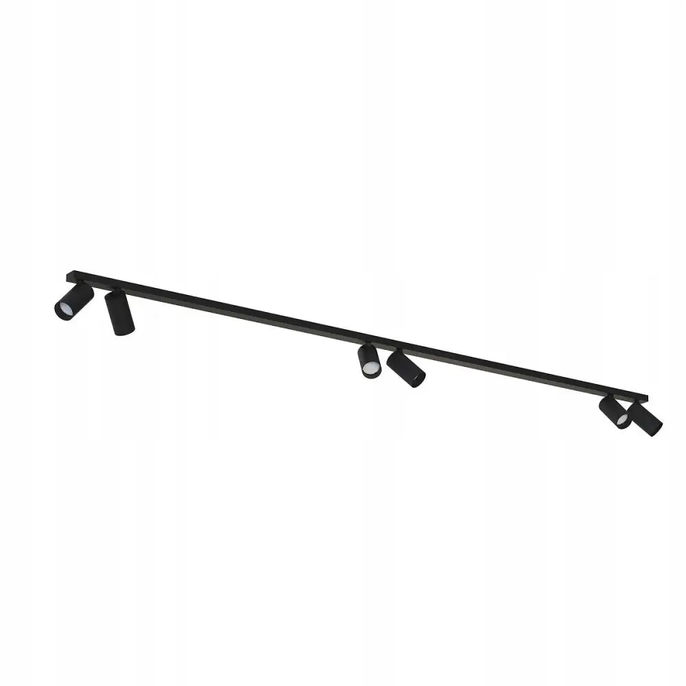 Lang takskinne i svart metall med fem justerbare sylinder-spotlights, moderne design mot hvit bakgrunn.