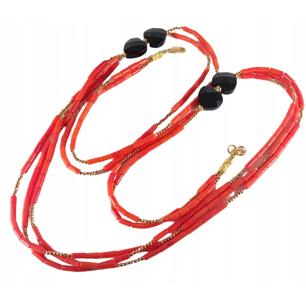 Gullsmykke Kjede med Oransje Korall og Onyks