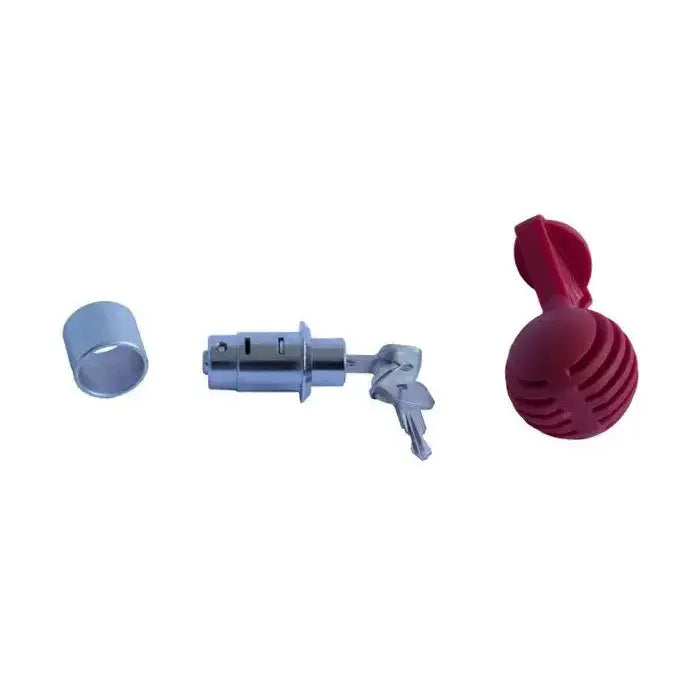 Lås AL-KO AK 301 351 med Safety Ball, sidevisning av sylinderlås, nøkler og rødt plasthåndtak.