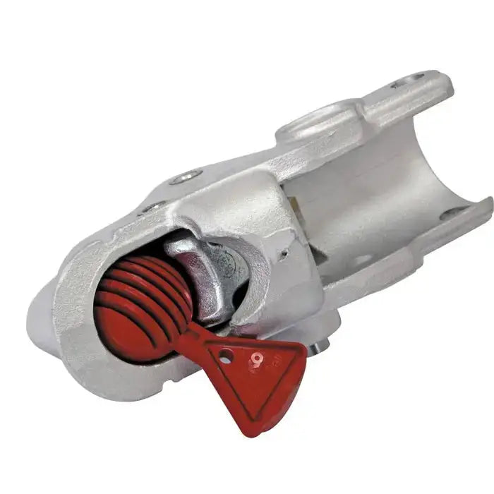 Lås AL-KO AK 301 351+ Safety Ball, skråvisning med rød hendel og synlig låsemekanisme foran.