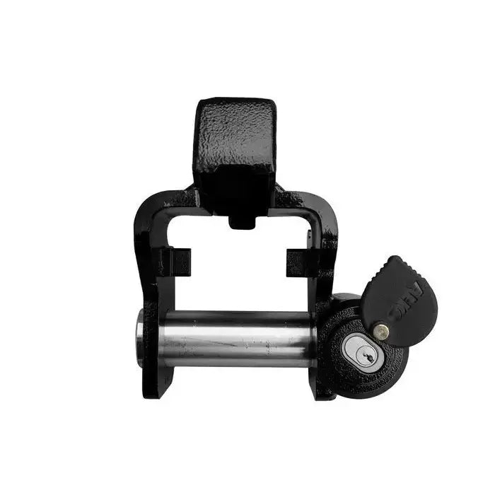 Låseanordning AL-KO, frontbilde som fremhever stålkropp, sylinderlås og sort nøkkel i låsen.