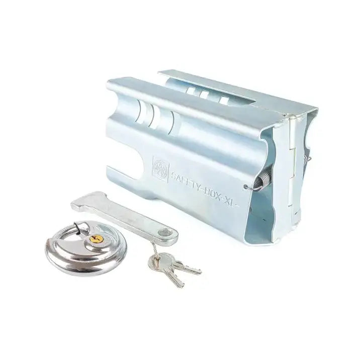 Låsesystem for kroklåsen Safety-BOX XL, skråvisning med hengelås, to nøkler og metallverktøy.