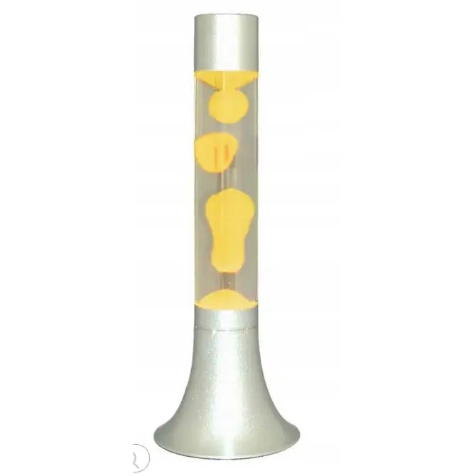 Lavalampa 38 cm Oransje Magma Tube, frontbilde med gul voksformasjon i sylinder av klart glass.