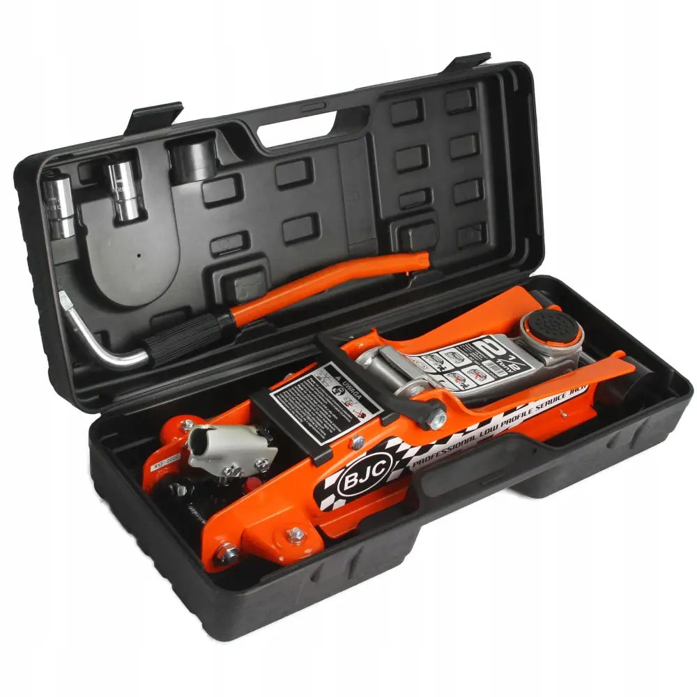 Lavprofiljekk 2,5T Bjc i oransje, plassert i åpen svart koffert med tilbehør synlig og håndtak.