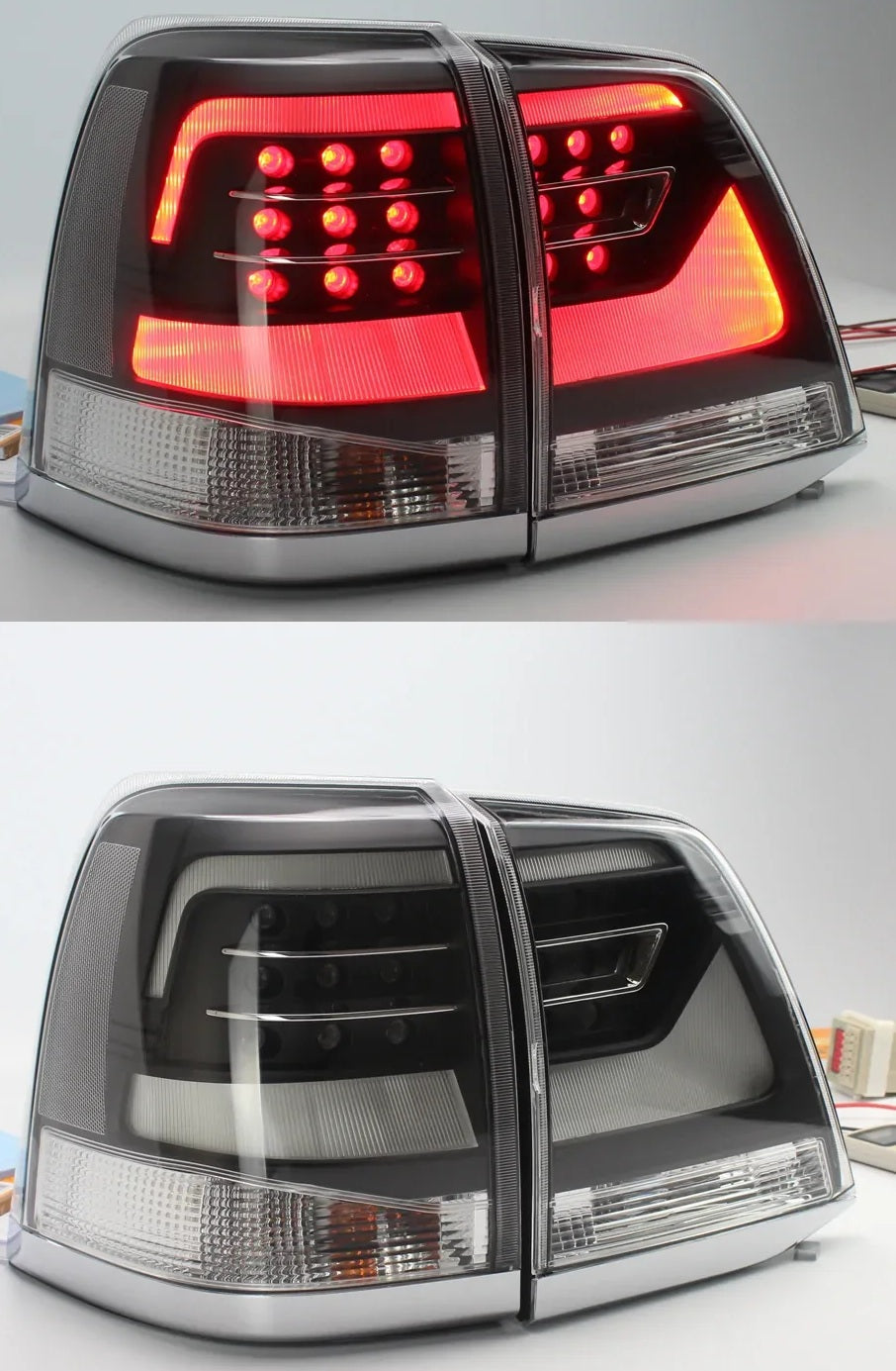 Black chrome-lykter til LC200 vist tent med rød LED-bar og ulyst.