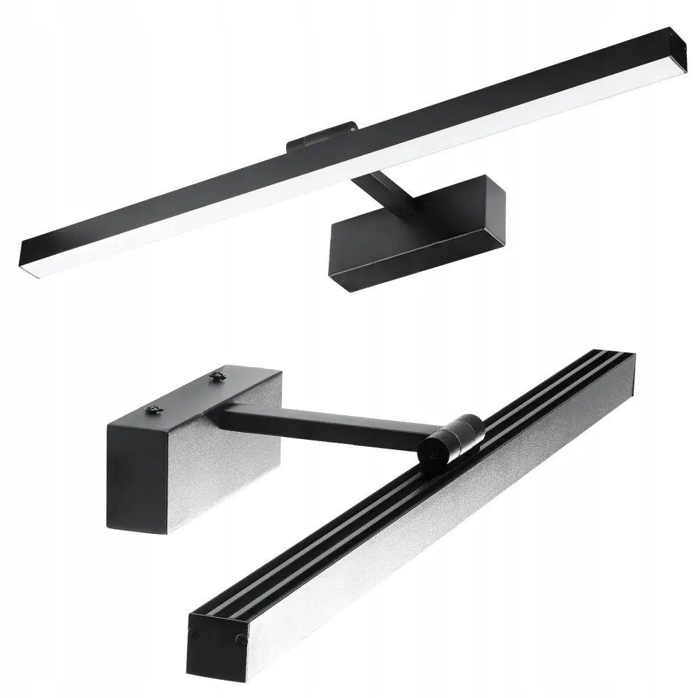 LED baderomslampe over speil, sort metall med slank lysflate og justerbar arm i moderne design.