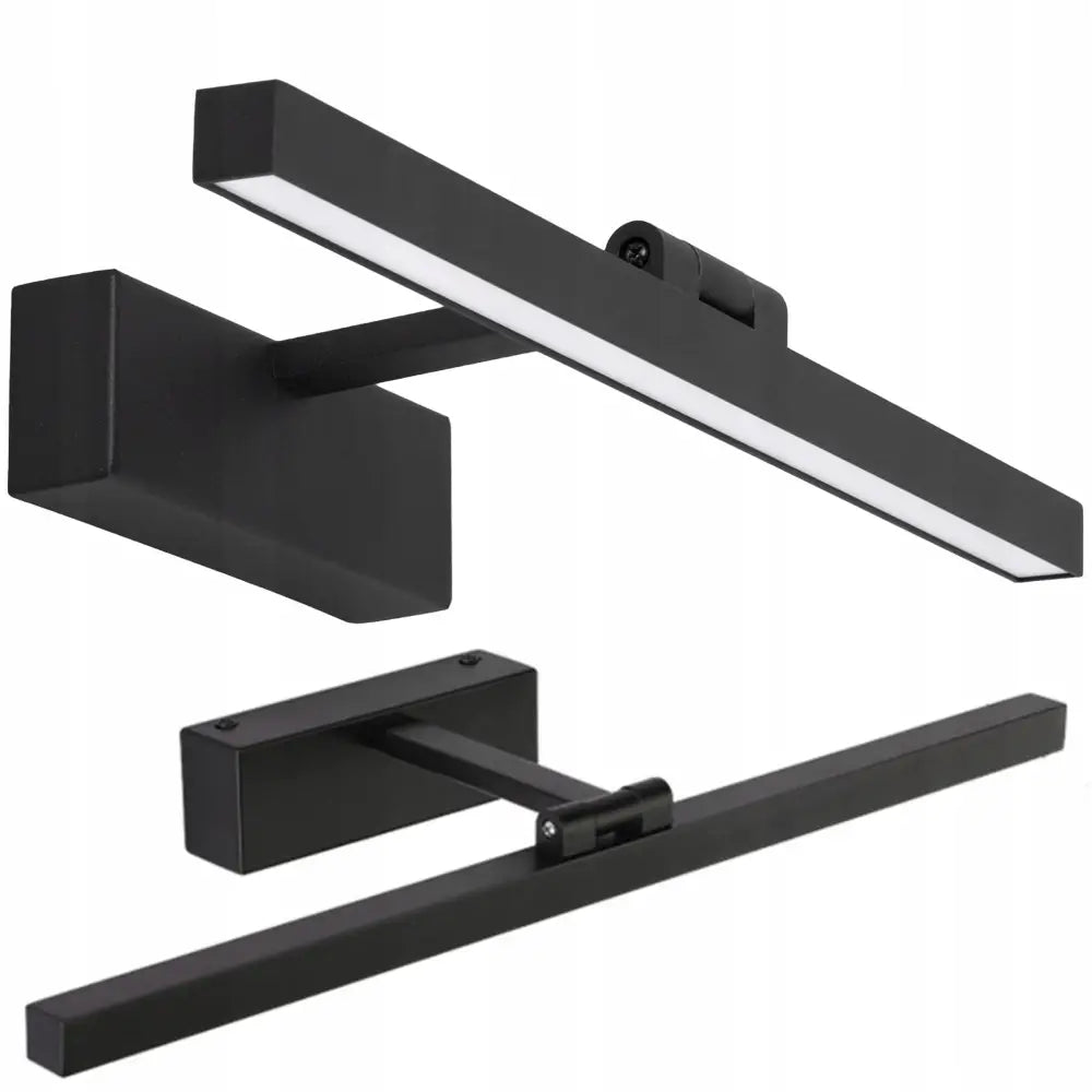 LED-baderomsvegglampe, svart metall med integrert lyslist, moderne rektangulær design sett fra to vinkler.