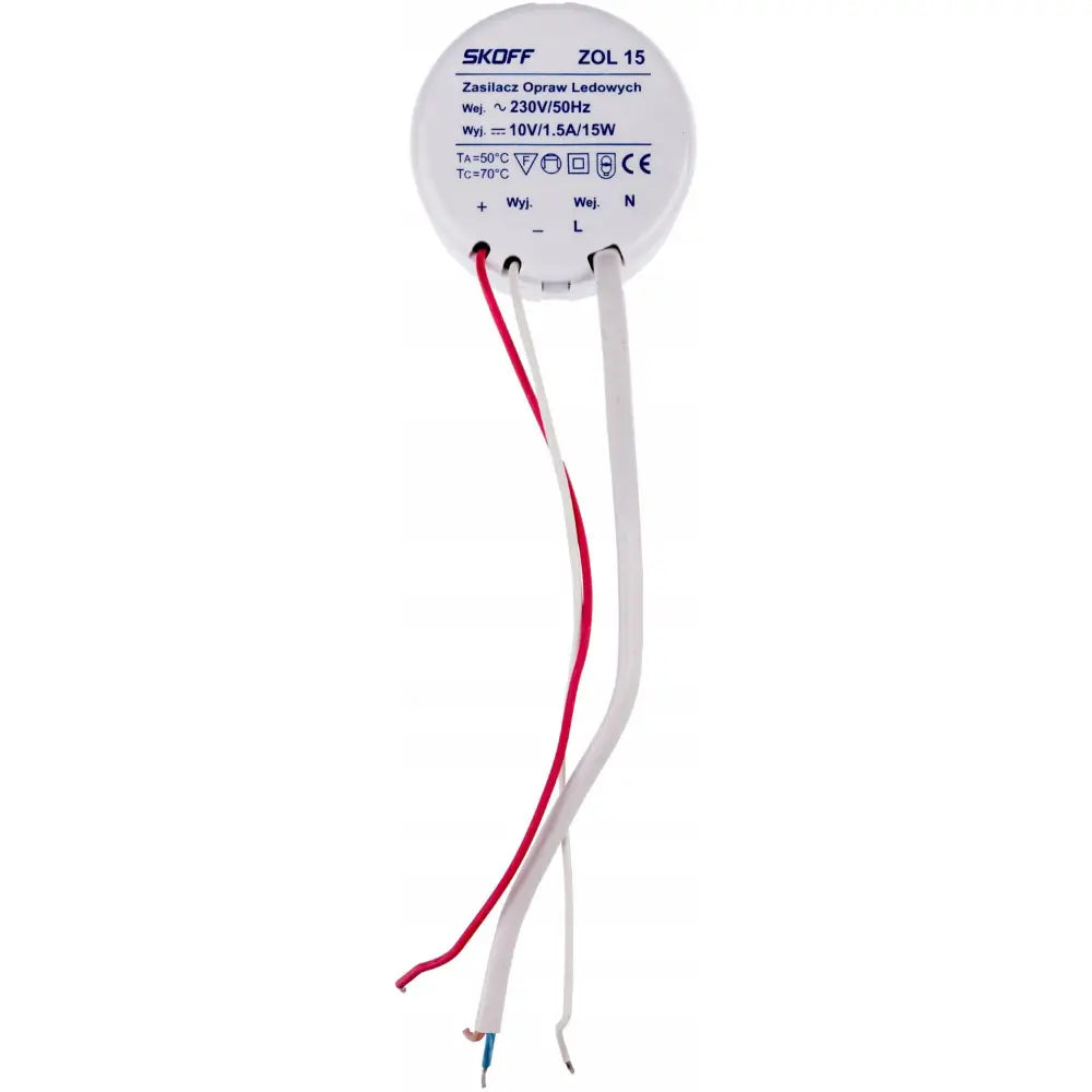 LED-driver 10V Gul, rund hvit enhet med fire ledninger og blå merkning, tekniske data synlig på toppen.