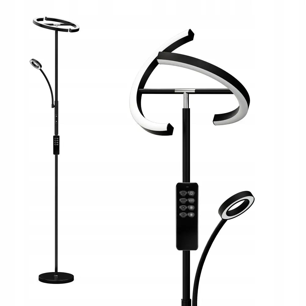 LED-gulvlampe med sirkulært lys, roterbar leselampe og kontrollpanel på stangen i sort minimalistisk design.