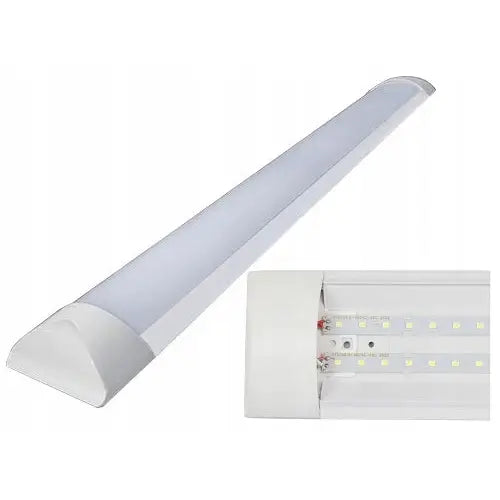 LED-lampe 120cm for garasje, skråvisning som viser opal plastoverflate, endestykke og synlige LED-dioder.
