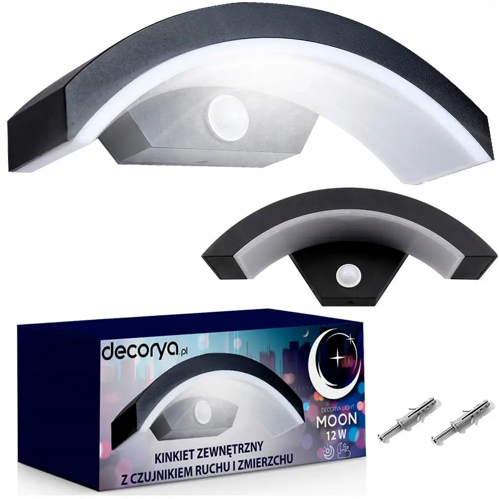LED-lampe med bevegelsessensor og skumringsføler, side- og frontvisning med emballasje og skruer.