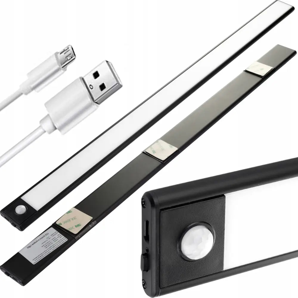 LED-listlampe med bevegelsessensor, svart og hvit design, inkludert USB-ladekabel og monteringsputer.