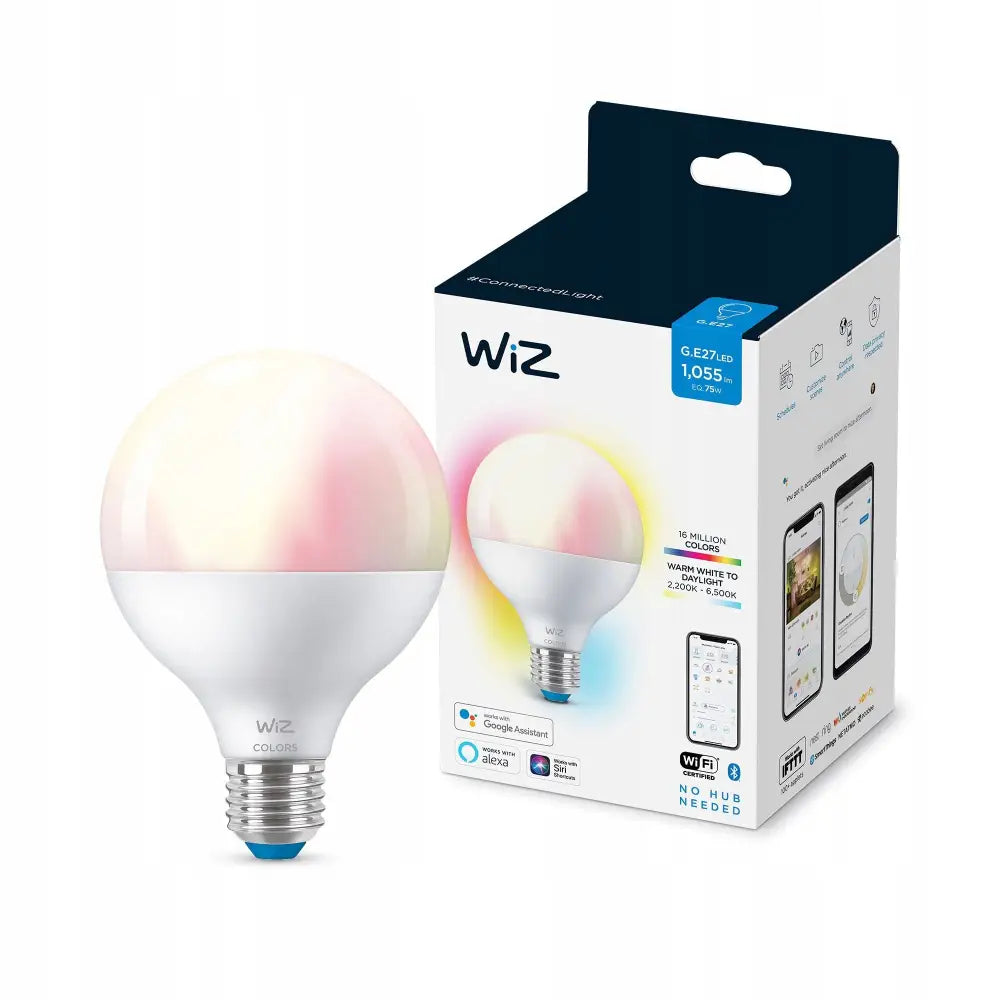 LED-pære E27 Wiz, frontvisning med fargeskiftende lysoverflate og originalforpakning med app-bilder.