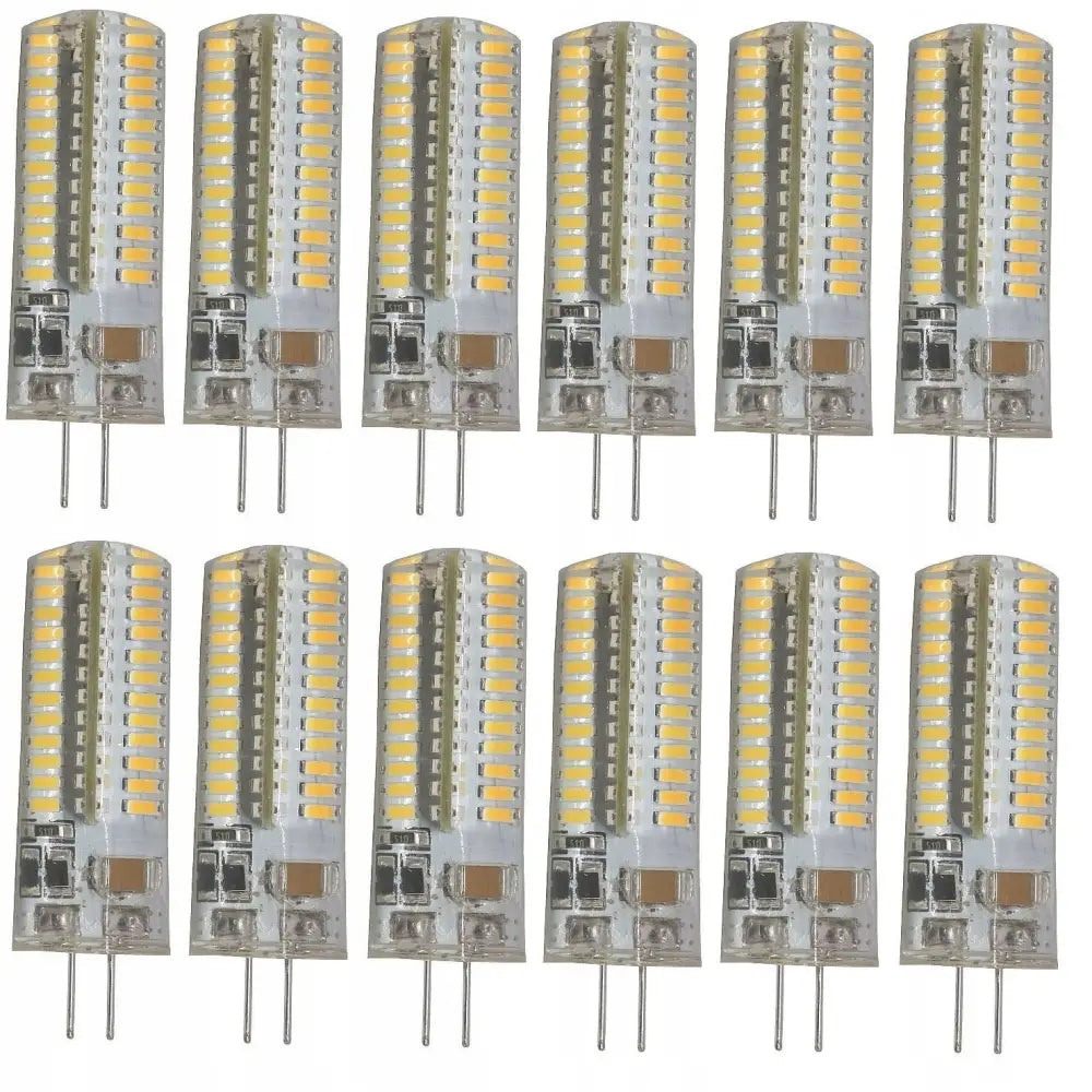 LED-pære G4 9W med 96 synlige gule LED-elementer og to metallstifter i gjennomsiktig kapsling.
