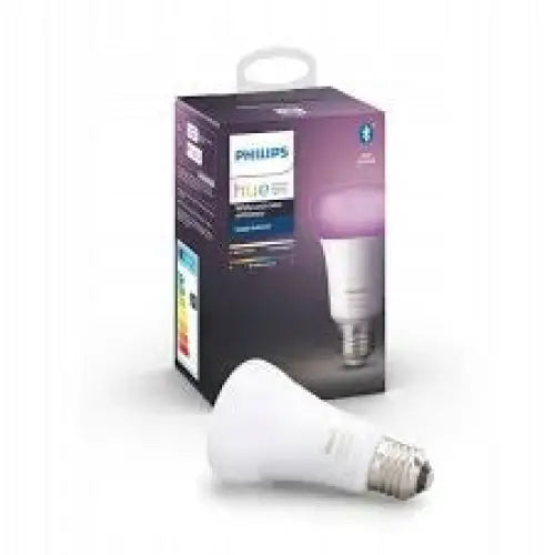 LED-pære Philips E27 9W ligger foran esken med lilla lysglød og tydelig merkingslogo.