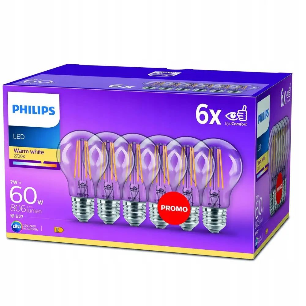 LED-pære Philips Klar E27, seks klare glasspærer i lilla eske med gule detaljer og rødt PROMO-merke.