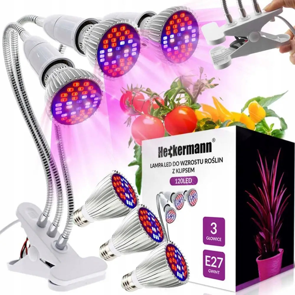 LED plantelys med tre fleksible armer, røde og blå dioder, klipsfeste og tomatplanter i bakgrunnen.