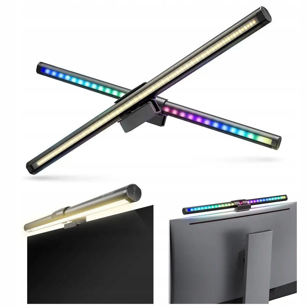 LED RGB-justerbar lampe montert på skjerm, viser hvitt og flerfarget lys i moderne design.