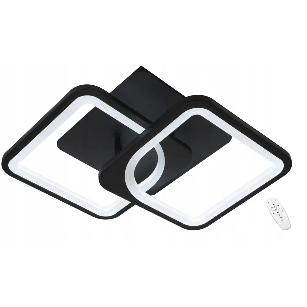 LED-ringlampe for tak, sett fra undersiden med to svarte rammer og LED-lys, fjernkontroll ved siden av.