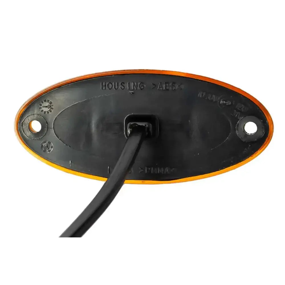 LED sidemarkeringslampe Flatpoint II, bakside med oransje kant, monteringshull og tykk kabel i midten.