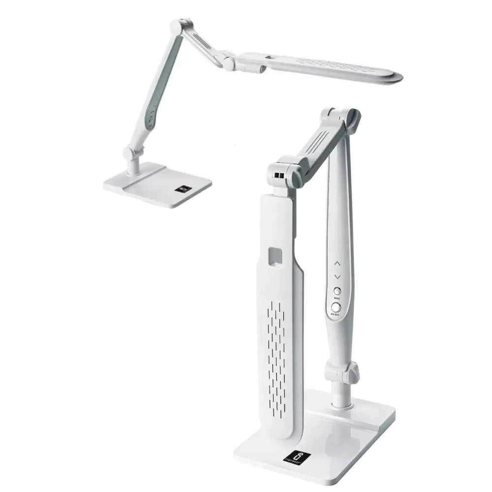LED-skrivebordslampe 10W i hvit plast med leddede armer og berøringspanel, sett fra siden og forfra.