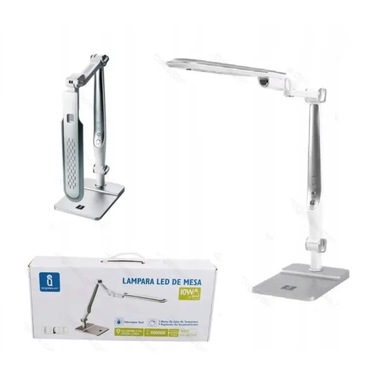 LED-skrivebordslampe 10W i sølv, sammenleggbar modell vist både oppslått og sammenlagt med eske.