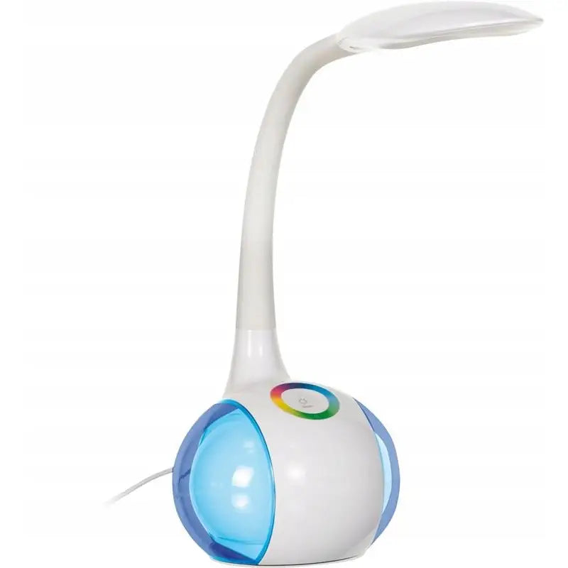 LED-skrivebordslampe Activejet, sidevisning med blått lysfelt, fleksibel hals og fargerik berøringsknapp.
