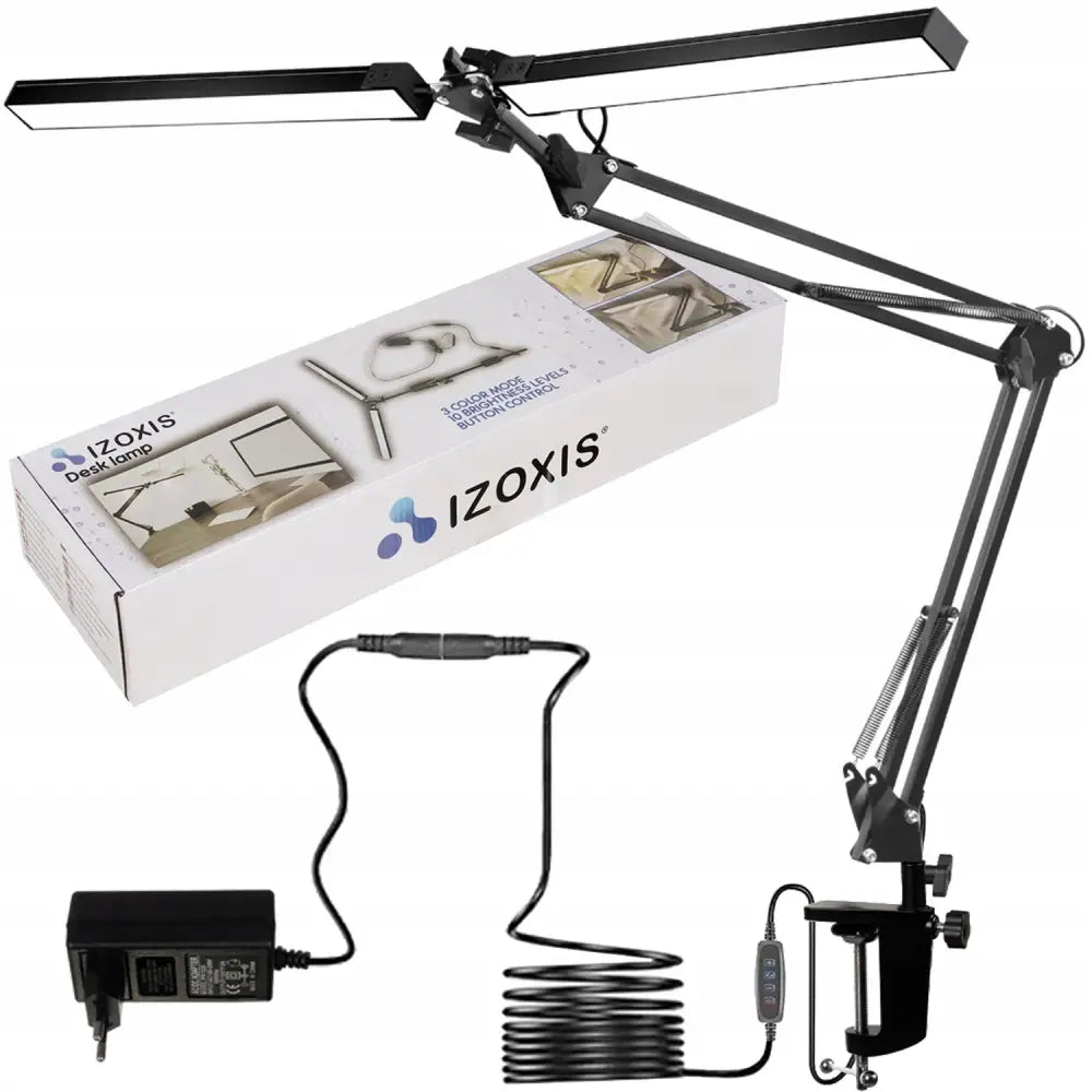 LED-skrivebordslampe med to fleksible lysarmer, sort finish, bordklemme og emballasje, sett fra siden.