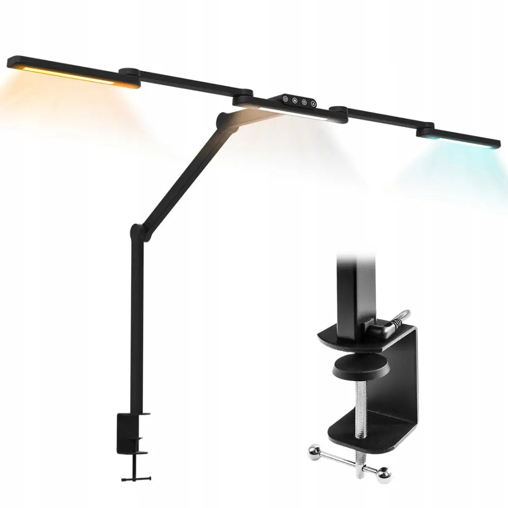 LED-skrivebordslampe Glow D2, sidevisning med tre leddede armer, ulike lysfarger og synlig berøringspanel.